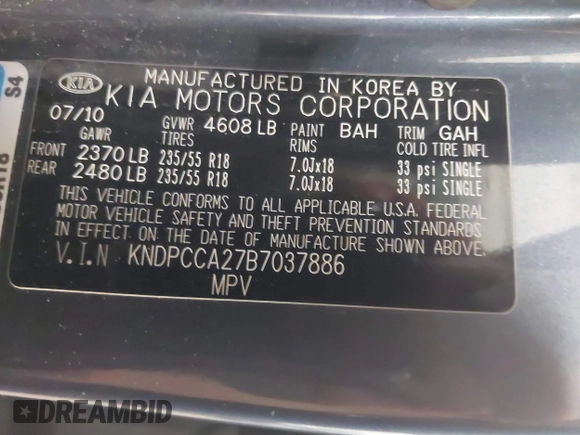 2011 Kia Sportage EX with VIN KNDPCCA27B7037886, listed as a IAAI auction lot 42264598 with 211,538 mi miles and . Bid and sale history available at DreamBid. Image 9.