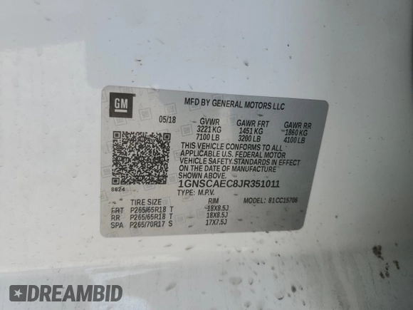 2018 Chevrolet Tahoe LS with VIN 1GNSCAEC8JR351011, listed as a Copart auction lot 49420825 with 83,322 mi miles and Salvage title. Bid and sale history available at DreamBid. Image 16.