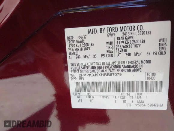 2017 Ford Edge SEL with VIN 2FMPK3J9XHBB87079, listed as a IAAI auction lot 41839642 with 106,391 mi miles. Bid and sale history available at carsss.com. Image 9.