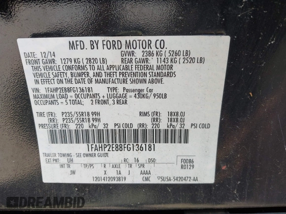 2015 Ford Taurus SEL z VIN 1FAHP2E88FG136181, wystawiony jako IAAI lot #42681490 z przebiegiem 230 000 mil mil oraz . Historia ofert i sprzedaży dostępna na DreamBid. Obrazek 9.