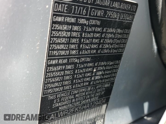 2017 Land Rover Range Rover Sport HSE with VIN SALWR2FK5HA129404, listed as a Copart auction lot 59574235 with 168,847 mi miles and Clean title. Bid and sale history available at DreamBid. Image 13.