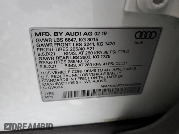 2019 Audi Q7 Prestige z VIN WA1VAAF7XKD033865, wystawiony jako Copart lot #50088745 z przebiegiem 82 716 mil mil oraz Szkoda całkowita • Salvage title. Historia ofert i sprzedaży dostępna na DreamBid. Obrazek 13.