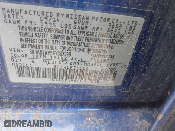 2014 Nissan Sentra SV z VIN 3N1AB7AP5EY307098, wystawiony jako IAAI lot #42014996 z przebiegiem 184 716 mil mil oraz . Historia ofert i sprzedaży dostępna na DreamBid. Obrazek 9.