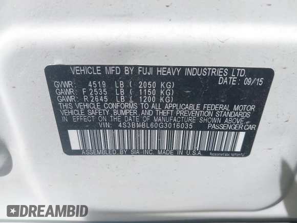 2016 Subaru Legacy 2.5i Limited with VIN 4S3BNBL60G3016035, listed as a IAAI auction lot 42070516 with 124,199 mi miles. Bid and sale history available at carsss.com. Image 9.