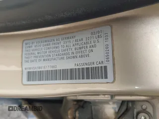 2001 Volkswagen Passat GLS z VIN WVWVD63B61E177862, wystawiony jako IAAI lot #42448342 z przebiegiem 129 455 mil mil oraz . Historia ofert i sprzedaży dostępna na DreamBid. Obrazek 9.