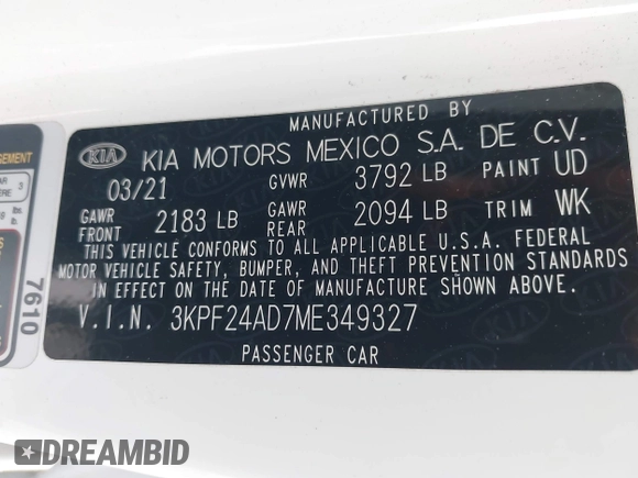 2021 Kia Forte FE with VIN 3KPF24AD7ME349327, listed as a IAAI auction lot 42166949 with 71,217 mi miles and . Bid and sale history available at DreamBid. Image 9.