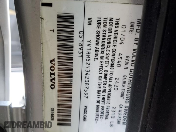 2004 Volvo S60 R with VIN YV1RH52Y342387597, listed as a Copart auction lot 87506725 with 123,733 mi miles and Salvage Title. Bid and sale history available at carsss.com. Image 13.