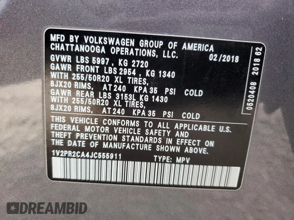 2018 Volkswagen Atlas SE with VIN 1V2PR2CA4JC555911, listed as a Copart auction lot 61905125 with 101,860 mi miles and Salvage title. Bid and sale history available at DreamBid. Image 14.