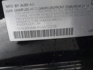 2005 Audi A4 3.2L z VIN WAUDG68E45A512228, wystawiony jako IAAI lot #42238602 z przebiegiem 74 210 mil mil oraz . Historia ofert i sprzedaży dostępna na DreamBid. Obrazek 9.