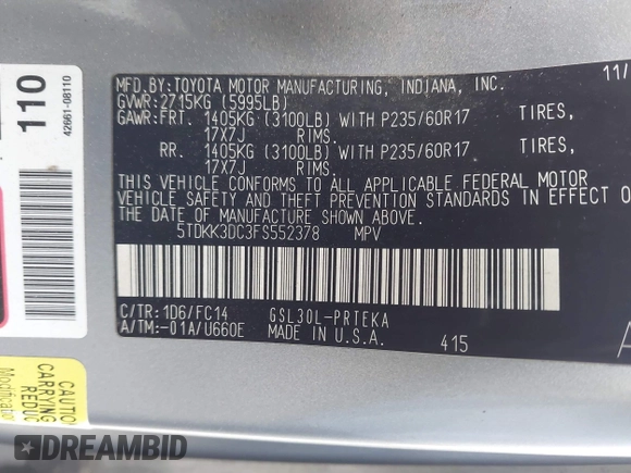 2015 Toyota Sienna LE AAS z VIN 5TDKK3DC3FS552378, wystawiony jako IAAI lot #42451782 z przebiegiem 257 916 mil mil oraz . Historia ofert i sprzedaży dostępna na DreamBid. Obrazek 9.