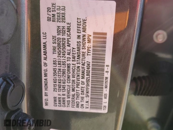 2020 Honda Pilot Touring 8-Passenger with VIN 5FNYF5H92LB024047, listed as a Copart auction lot 41630695 with 74,067 mi miles and Salvage Title. Bid and sale history available at DreamBid. Image 13.