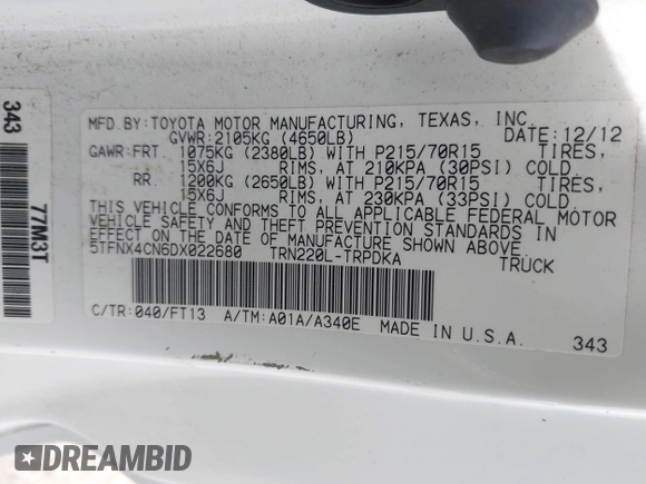 2013 Toyota Tacoma z VIN 5TFNX4CN6DX022680, wystawiony jako IAAI lot #42210064 z przebiegiem 201 372 mil mil oraz . Historia ofert i sprzedaży dostępna na DreamBid. Obrazek 9.