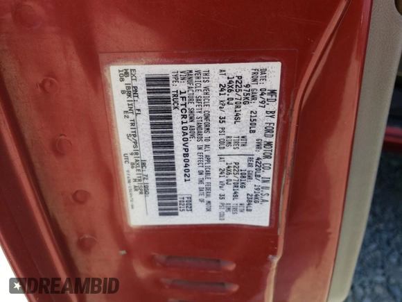 1997 Ford Ranger XLT z VIN 1FTCR10A0VPB04021, wystawiony jako Copart lot #57915095 z przebiegiem 169 821 mil mil oraz Szkoda całkowita • Salvage title. Historia ofert i sprzedaży dostępna na DreamBid. Obrazek 13.