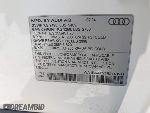 2024 Audi Q5 S line Premium Plus with VIN WA1EAAFY1R2143511, listed as a IAAI auction lot 40736946 with 1,125 mi miles and . Bid and sale history available at DreamBid. Image 9.