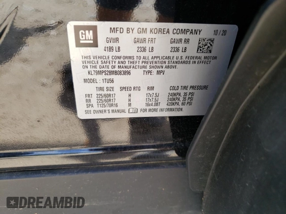 2021 Chevrolet TrailBlazer LT with VIN KL79MPS28MB083896, listed as a Copart auction lot 57450994 with 30,187 mi miles and Salvage Title. Bid and sale history available at DreamBid. Image 15.