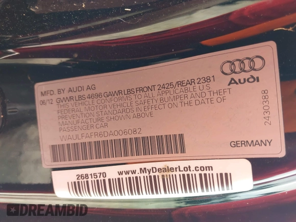 2013 Audi A5 Premium Plus with VIN WAULFAFR6DA006082, listed as a IAAI auction lot 42270377 with 130,712 mi miles and . Bid and sale history available at DreamBid. Image 9.