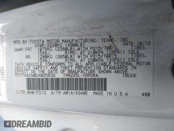 2013 Toyota Tacoma с VIN 5TFTX4CN0DX025632, выставлен на аукционе IAAI как лот 41676069 с пробегом 194 158 миль миль и . История ставок и продаж доступна на DreamBid. Изображение 9.