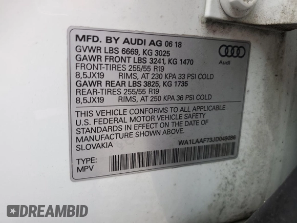2018 Audi Q7 Premium Plus with VIN WA1LAAF73JD049086, listed as a Copart auction lot 53624345 with 91,958 mi miles and Clean Title. Bid and sale history available at carsss.com. Image 13.