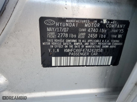 2007 Hyundai Azera SE with VIN KMHFC46F47A242858, listed as a Copart auction lot 78099974 with 136,388 mi miles and Salvage Title. Bid and sale history available at carsss.com. Image 12.
