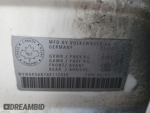2010 Volkswagen Passat with VIN WVWAK9AN7AE112988, listed as a Copart auction lot 80557614 with Not provided miles and Salvage title. Bid and sale history available at DreamBid. Image 12.