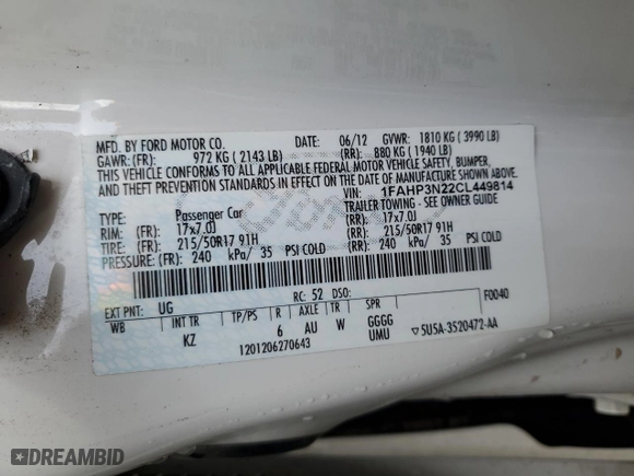 2012 Ford Focus Titanium with VIN 1FAHP3N22CL449814, listed as a Copart auction lot 49080875 with 127,022 mi miles and Salvage Title. Bid and sale history available at carsss.com. Image 12.