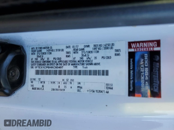 2017 Ford F-150 XL с VIN 1FTEX1CP6HKC60497, выставлен на аукционе Copart как лот 56528985 с пробегом 123 898 миль миль и Списание • Salvage title. История ставок и продаж доступна на DreamBid. Изображение 12.