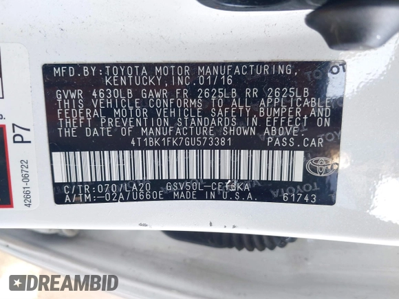 2016 Toyota Camry XSE with VIN 4T1BK1FK7GU573381, listed as a IAAI auction lot 41464744 with 78,108 mi miles. Bid and sale history available at carsss.com. Image 9.