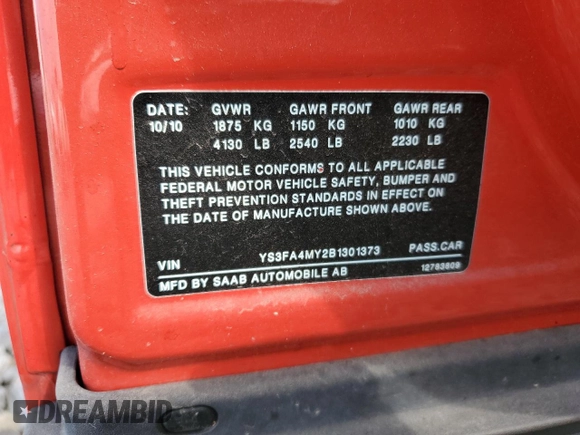 2011 Saab 9-3 z VIN YS3FA4MY2B1301373, wystawiony jako Copart lot #66300474 z przebiegiem 112 361 mil mil oraz Szkoda całkowita • Salvage title. Historia ofert i sprzedaży dostępna na DreamBid. Obrazek 13.