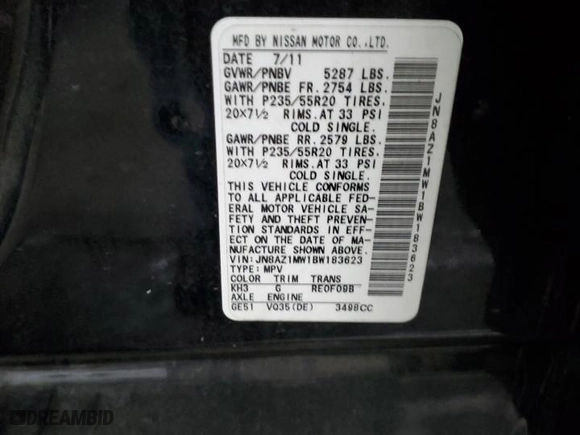 2011 Nissan Murano S with VIN JN8AZ1MW1BW183623, listed as a Copart auction lot 41777235 with 83,852 mi miles and Non Repairable. Bid and sale history available at carsss.com. Image 14.