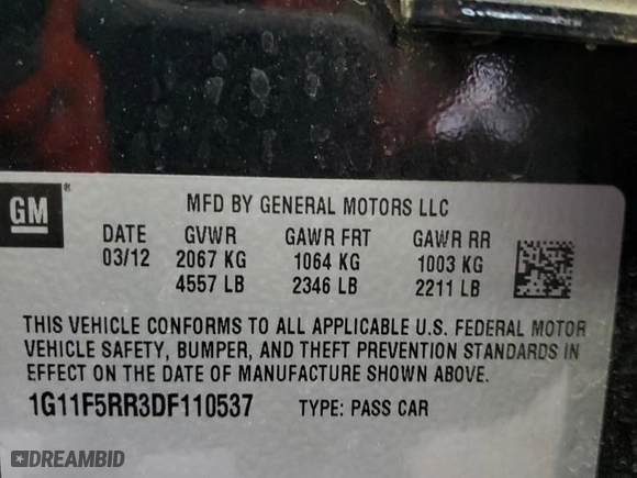 2013 Chevrolet Malibu ECO with VIN 1G11F5RR3DF110537, listed as a Copart auction lot 48251915 with 125,938 mi miles and Salvage Title. Bid and sale history available at carsss.com. Image 12.