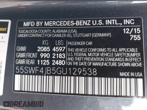 2016 Mercedes-Benz C 300 with VIN 55SWF4JB5GU129538, listed as a IAAI auction lot 38329587 with 113,111 mi miles and . Bid and sale history available at DreamBid. Image 9.