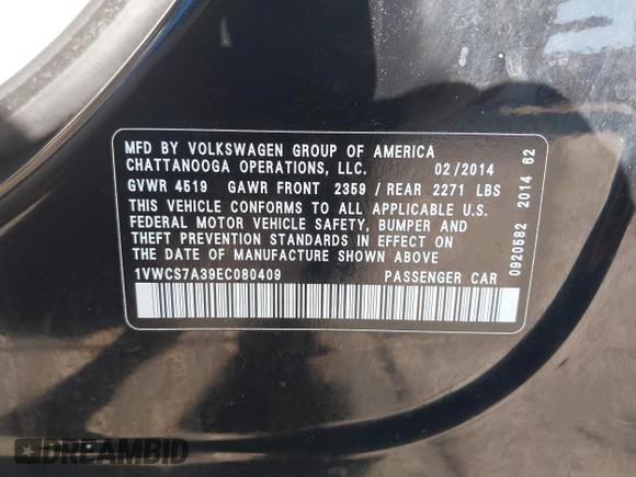 2014 Volkswagen Passat SEL Premium with VIN 1VWCS7A39EC080409, listed as a IAAI auction lot 40917278 with 140,783 mi miles. Bid and sale history available at carsss.com. Image 9.