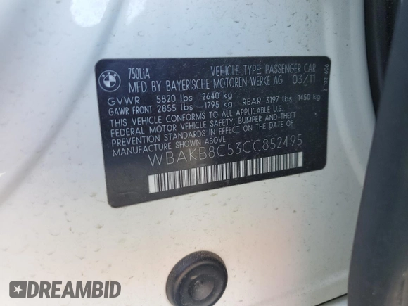 2012 BMW 7 Series 750Li z VIN WBAKB8C53CC852495, wystawiony jako Copart lot #50811745 z przebiegiem 155 512 mil mil oraz Szkoda całkowita • Salvage title. Historia ofert i sprzedaży dostępna na DreamBid. Obrazek 12.