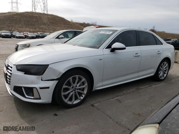 2019 Audi A4 Premium Plus with VIN WAUENAF43KA037058, listed as a Copart auction lot 50186415 with 34,189 mi miles and Salvage Title. Bid and sale history available at carsss.com. Image 1.