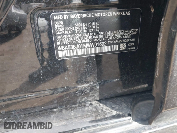 2021 BMW 5 Series 540i with VIN WBA53BJ01MWW91692, listed as a IAAI auction lot 41509786 with 33,345 mi miles and . Bid and sale history available at DreamBid. Image 9.