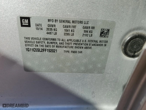 2015 Chevrolet Malibu LT with VIN 1G11C5SL2FF192021, listed as a Copart auction lot 46363805 with 186,509 mi miles and Salvage Title. Bid and sale history available at carsss.com. Image 12.