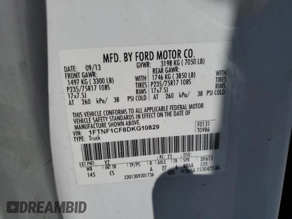 2013 Ford F-150 XL with VIN 1FTNF1CF8DKG10829, listed as a Copart auction lot 55167525 with 104,110 mi miles and Salvage title. Bid and sale history available at DreamBid. Image 12.
