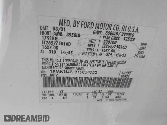 2001 Ford Excursion Limited с VIN 1FMNU42L91EC54752, выставлен на аукционе IAAI как лот 42490476 с пробегом 180 533 миль миль и . История ставок и продаж доступна на DreamBid. Изображение 9.