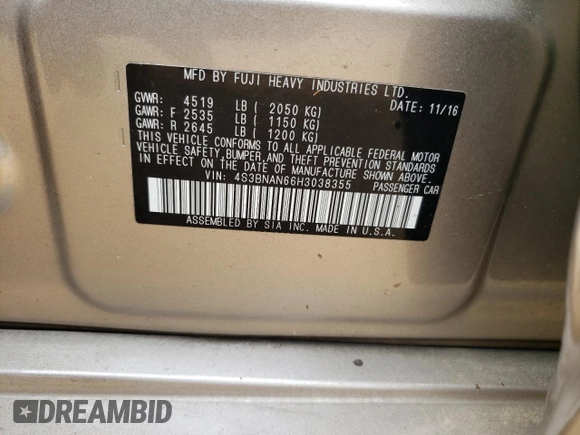 2017 Subaru Legacy Limited with VIN 4S3BNAN66H3038355, listed as a Copart auction lot 42430883 with 78,071 mi miles. Bid and sale history available at carsss.com. Image 12.