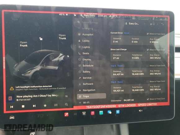 2022 Tesla Model Y Performance with VIN 7SAYGDEF2NF459268, listed as a Copart auction lot 45764735 with 64,421 mi miles and Salvage title. Bid and sale history available at DreamBid. Image 9.