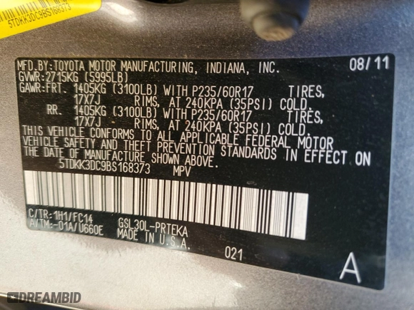 2011 Toyota Sienna LE AAS with VIN 5TDKK3DC9BS168373, listed as a Copart auction lot 41988135 with 0 mi miles and Salvage Title. Bid and sale history available at carsss.com. Image 13.