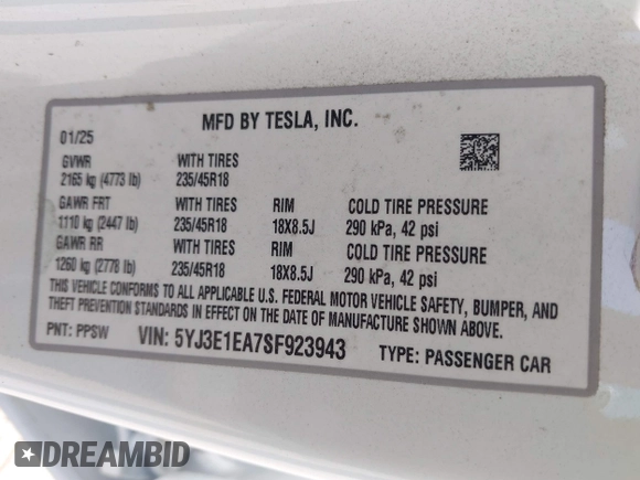 2025 Tesla Model 3 Long Range with VIN 5YJ3E1EA7SF923943, listed as a IAAI auction lot 42040876 with 1,547 mi miles and . Bid and sale history available at DreamBid. Image 9.