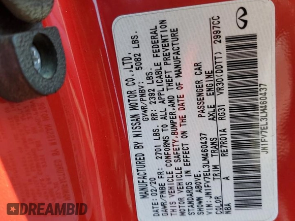 2020 Infiniti Q60 Red Sport 400 with VIN JN1FV7EL3LM460437, listed as a Copart auction lot 78080804 with 55,518 mi miles and Clean title. Bid and sale history available at DreamBid. Image 12.