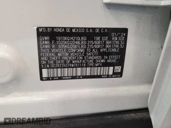 2024 Honda HR-V LX with VIN 3CZRZ2H37RM761118, listed as a Copart auction lot 60245595 with 17,427 mi miles and Salvage title. Bid and sale history available at DreamBid. Image 13.