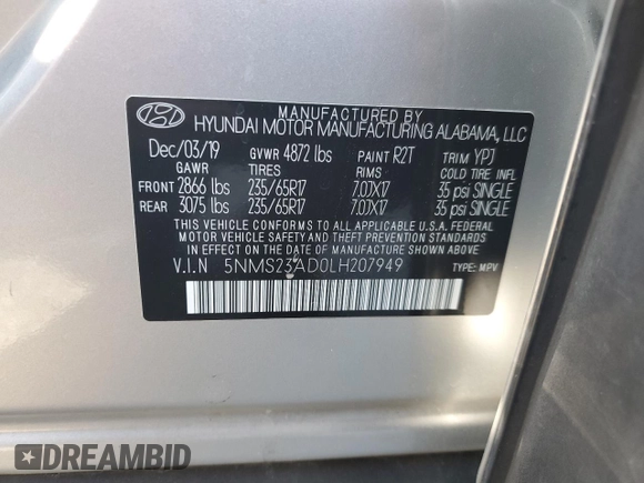 2020 Hyundai Santa Fe SE с VIN 5NMS23AD0LH207949, выставлен на аукционе Copart как лот 55362005 с пробегом 86 592 миль миль и Списание • Salvage title. История ставок и продаж доступна на DreamBid. Изображение 13.