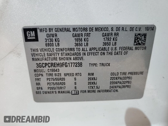 2015 Chevrolet Silverado 1500 LT with VIN 3GCPCREH9FG177238, listed as a Copart auction lot 49157355 with 126,330 mi miles and Salvage Title. Bid and sale history available at DreamBid. Image 12.