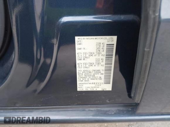 2019 Nissan Frontier SV z VIN 1N6AD0ER7KN883551, wystawiony jako IAAI lot #41227766 z przebiegiem 109 358 mil mil oraz . Historia ofert i sprzedaży dostępna na DreamBid. Obrazek 9.
