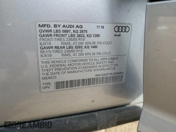 2020 Audi Q5 Premium Plus with VIN WA1E2AFY5L2046865, listed as a Copart auction lot 53377435 with 15,297 mi miles and Salvage title. Bid and sale history available at DreamBid. Image 13.