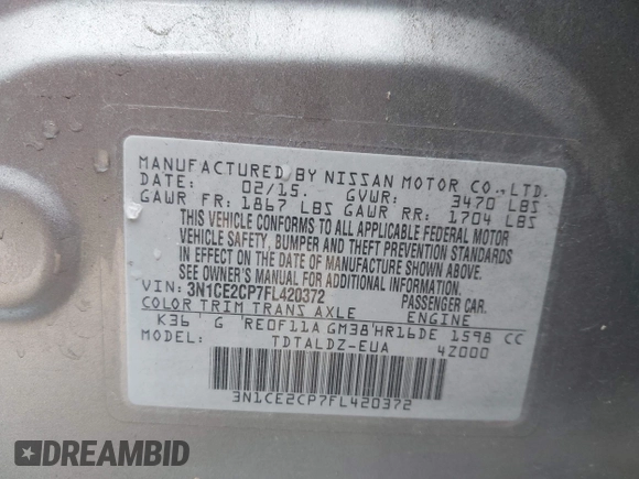 2015 Nissan Note SV with VIN 3N1CE2CP7FL420372, listed as a IAAI auction lot 42782096 with 156,687 mi miles and . Bid and sale history available at DreamBid. Image 9.