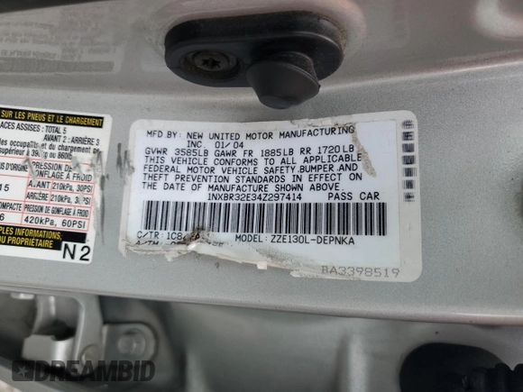 2004 Toyota Corolla CE with VIN 1NXBR32E34Z297414, listed as a Copart auction lot 52541105 with 147,072 mi miles and Salvage Title. Bid and sale history available at DreamBid. Image 12.